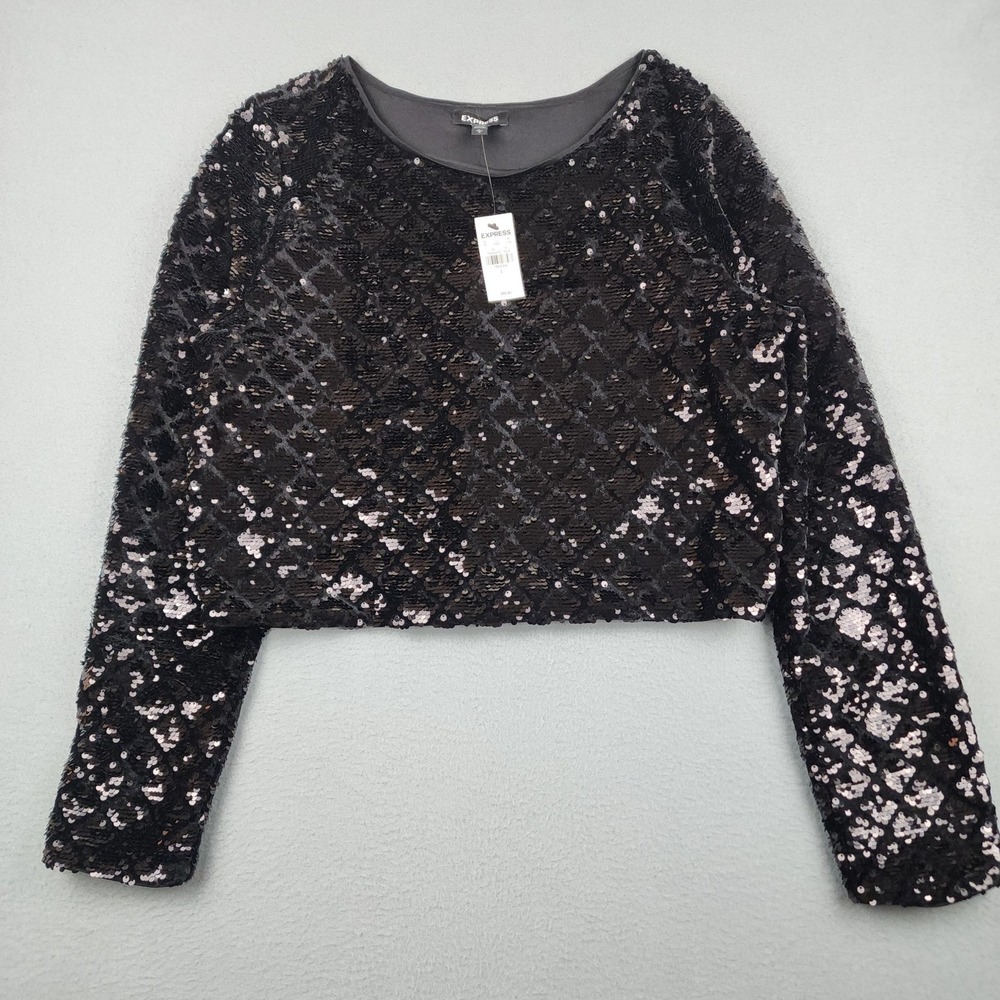 Express Blouse Womens Large Black Sequin Argyle Cropped Long Sleeve Top Party